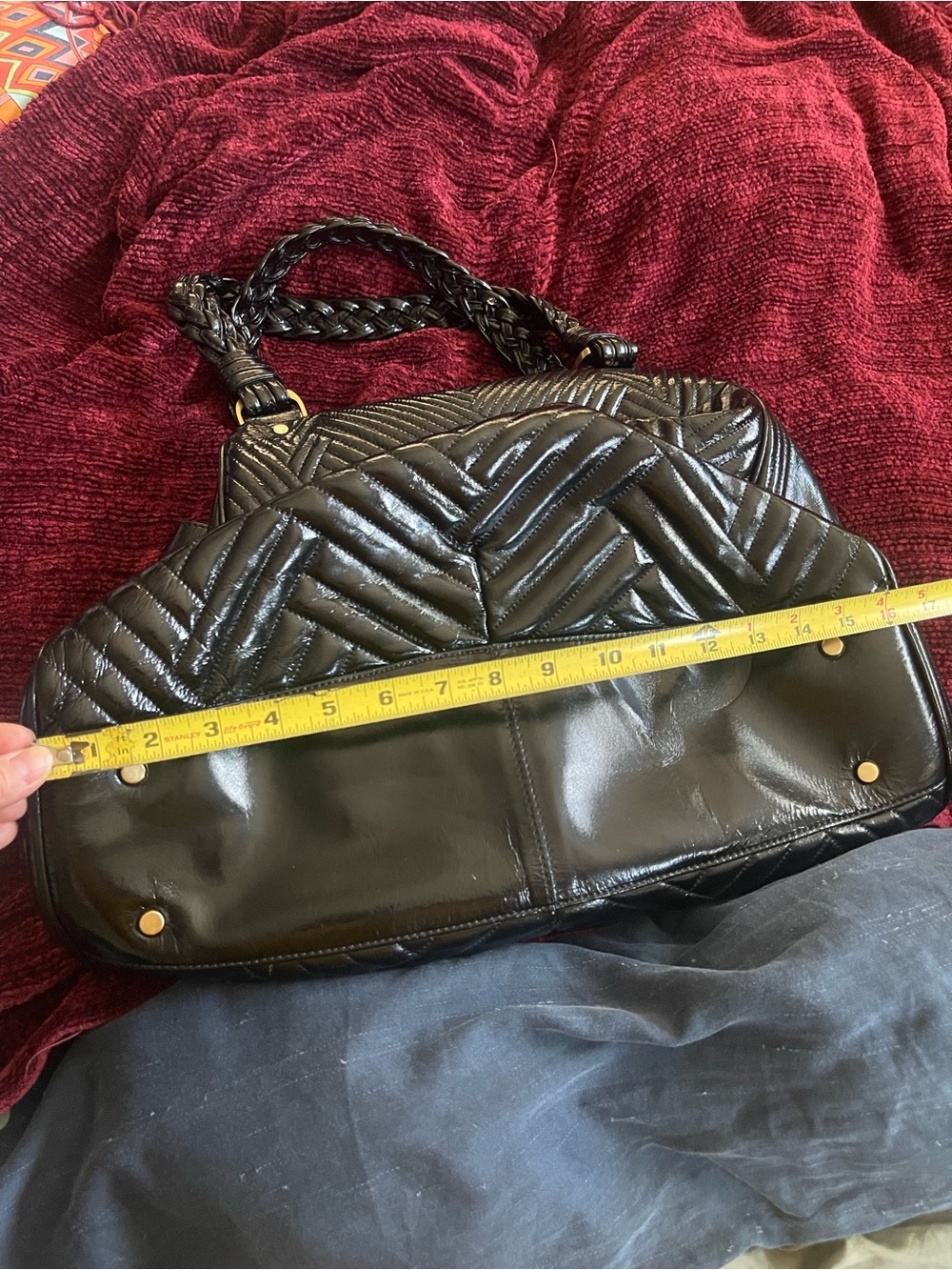 Cole Haan Laury Black Patent Leather Quilted Chevron Tote Bag Hobo Purse - Picture 3 of 7